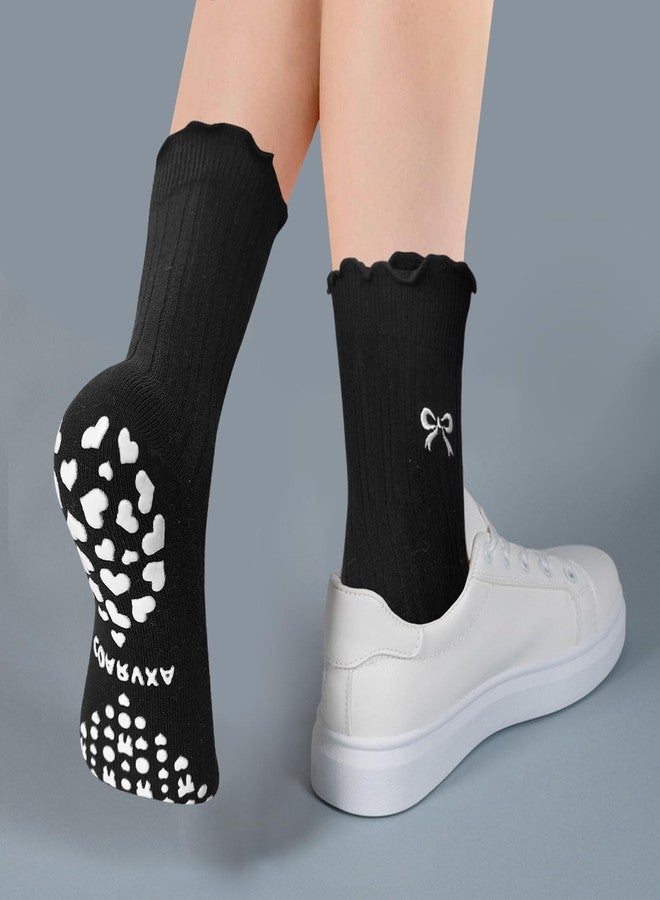 COARVXA 4 Pairs Cute Pilates Grip Socks for Women Ruffle Frilly Bow Embroidery Non Slip Grip Socks for Yoga, Barre, Barefoot - Image 5
